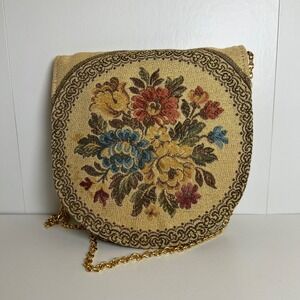 Vintage Delill Handbag Purse Tapestry Chain Strap Floral Metallic Threads